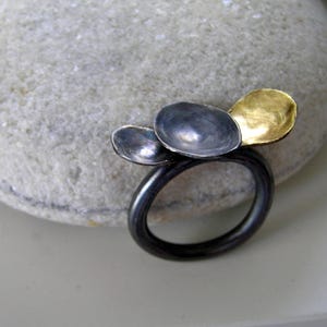 Oxidized and gold plated three pod sterling siver ring. Organic solid silver ring. Floating seed pod sterling silver ring.