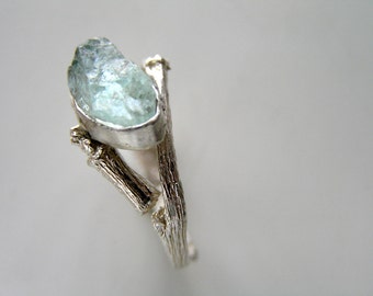 Aquamarine Silver Ring. Rough Aquamarine Twig Ring. MADE TO ORDER.