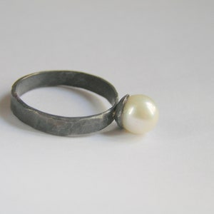 Pearl ring. Oxidized sterling silver pearl ring. White pearl silver ring. image 4