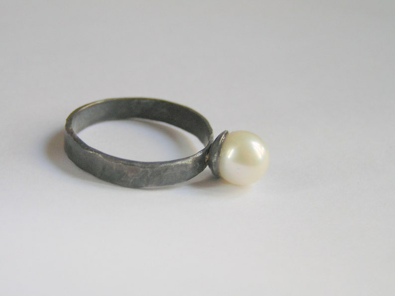 Pearl ring. Oxidized sterling silver pearl ring. White pearl silver ring. image 4