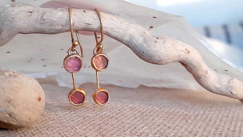 Tourmaline gold plated sterling silver dangle earrings. image 5