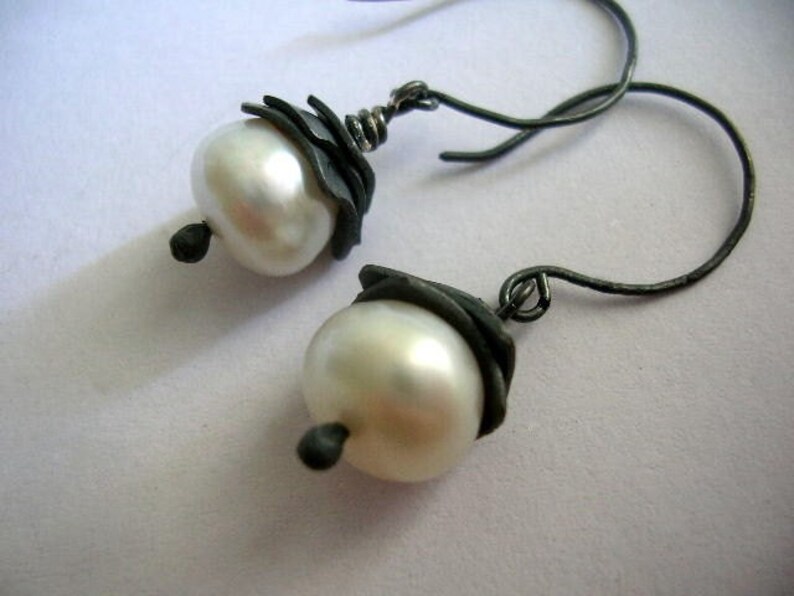 Pearl oxidized silver earrings. Perfect lightweight handmade earrings for everyday wear. Contemporary jewelry image 1