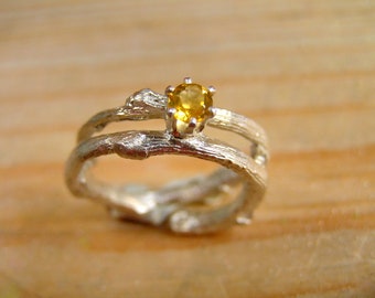 Sterling Silver Citrine Ring. Gemstone twig ring. Round diamond cut citrine. Contemporary engagement ring