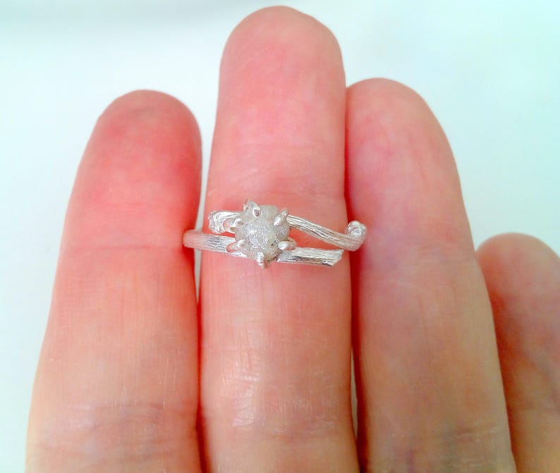 Raw Diamond Engagement Ring, Rough Diamond Ring in Sterling Silver Twig Ring, Unique Nature Inspired Engagement Ring. Uncut Diamond Ring image 4