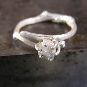 Raw Diamond Engagement Ring, Rough Diamond Ring in Sterling Silver Twig Ring, Unique Nature Inspired Engagement Ring. Uncut Diamond Ring image 3