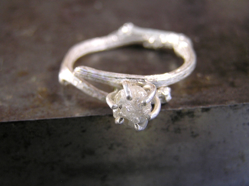 Raw Diamond Engagement Ring, Rough Diamond Ring in Sterling Silver Twig Ring, Unique Nature Inspired Engagement Ring. Uncut Diamond Ring image 3