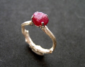 Raw natural ruby budding twig sterling silver ring. Alternative engagement raw gemstone silver twig ring