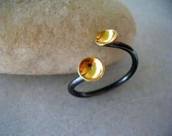 tiny gold plated sterling silver cups oxidized ring. Handmade adjustable black and gold sterling silver ring