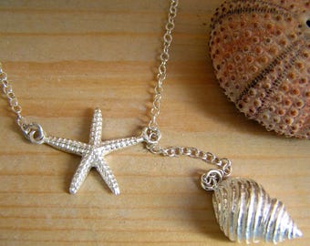 Sterling silver Starfish and seashell lariat necklace. Starfish and seashell Y necklace. Sea star and seashell charm. Beach wedding jewelry.