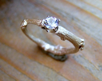 Silver White Topaz Ring. Gemstone twig ring. Round diamond cut topaz. Contemporary engagement ring