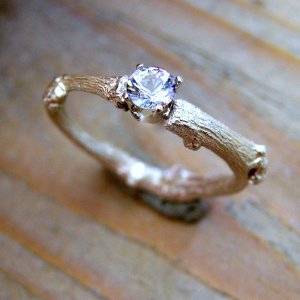 Silver White Topaz Ring. Gemstone twig ring. Round diamond cut topaz. Contemporary engagement ring