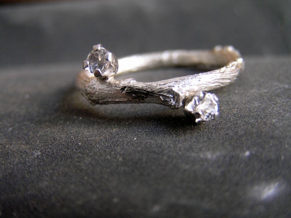 Two Gemstone Silver Twig White Topaz Ring. Double Gemstone Twig