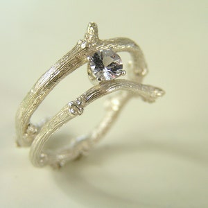 round diamond cut topaz budding twig sterling silver ring. Alternative engagement ring. Elvish ring