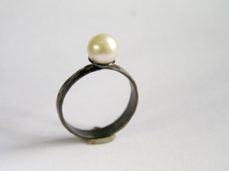 Pearl ring. Oxidized sterling silver pearl ring. White pearl silver ring. image 1