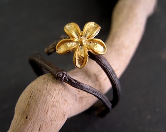 Gold plated sterling silver  flower on oxidized sterling silver branch ring.  Alternative engagement ring. Botanical jewelry.