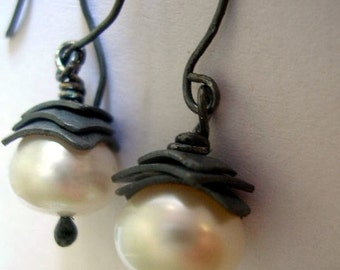Handmade Oxidized Sterling Silver Pearl Earrings: Lightweight Contemporary Jewelry
