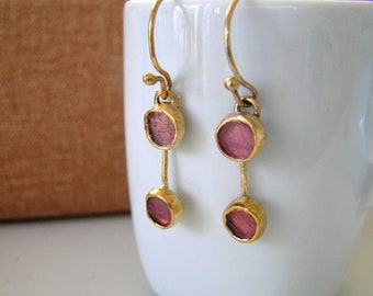 Tourmaline gold plated sterling silver dangle earrings.
