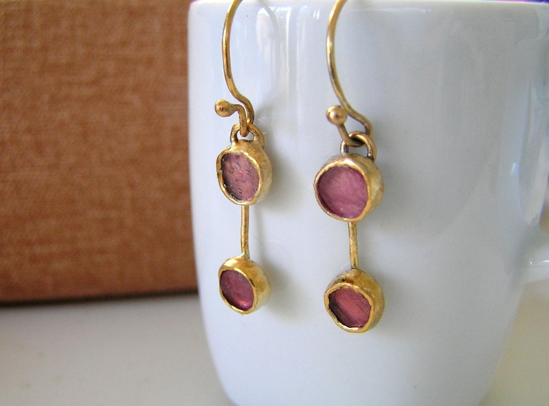 Tourmaline gold plated sterling silver dangle earrings. image 1