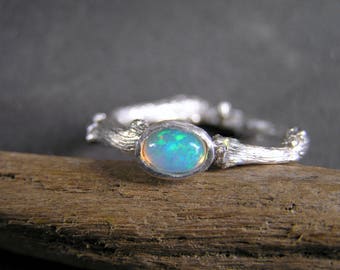 Natural Opal Ring. Twig silver opal ring. Fire Ethiopian flashy Opal. Alternative engagement ring.