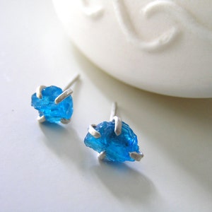 Neon Blue Rough Apatite Prong set Stud Sterling Silver Earrings.