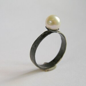 Pearl ring. Oxidized sterling silver pearl ring. White pearl silver ring. image 3