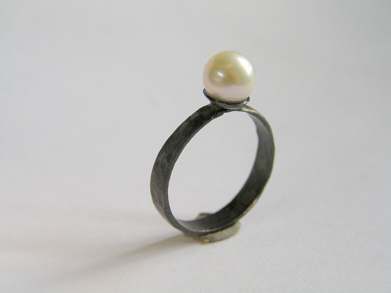Pearl ring. Oxidized sterling silver pearl ring. White pearl silver ring. image 3