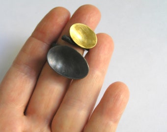 Handmade Gold Plated & Oxidized Sterling Silver Ring with Oval Shapes. Black and Gold Solid Silver Ring. Black and Gold Oval Double Ring.