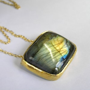 Large Labradorite Necklace. Gold plated Sterling Silver Labradorite Necklace with Gold Filled Chain. Blue Flash Labradorite