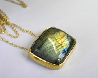 Large Labradorite Necklace. Gold plated Sterling Silver Labradorite Necklace with Gold Filled Chain. Blue Flash Labradorite