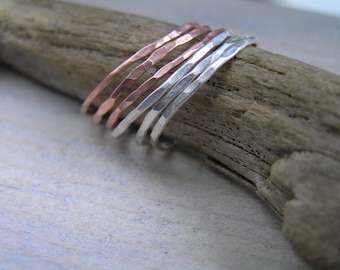 Mixed metal stacking rings. Set of 6 sterling silver and copper stacking rings. Made to order in your size.