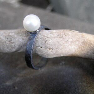 Pearl ring. Oxidized sterling silver pearl ring. White pearl silver ring. image 5