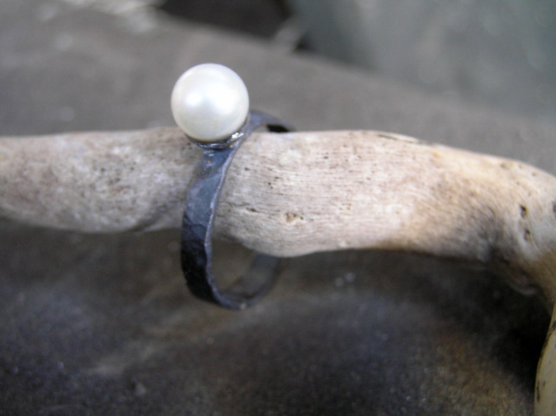 Pearl ring. Oxidized sterling silver pearl ring. White pearl silver ring. image 5