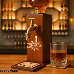 May include: A wooden liquor dispenser with a brass tap and a glass reservoir. The dispenser is engraved with the name "JOHNSON". A glass of amber liquid sits next to the dispenser on a wooden coaster. The word "LEGENDNADE" is at the bottom.
