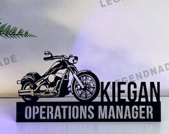 Custom Motorbike Metal Name Plate, Personalized Motorcycle Desk Sign Wooden or Metal Base, Unique Office Decor for Bike Lovers