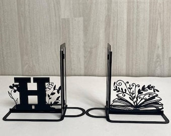 Monogram Flower Metal Bookend: Personalized Name Book Holder, Gift for Readers