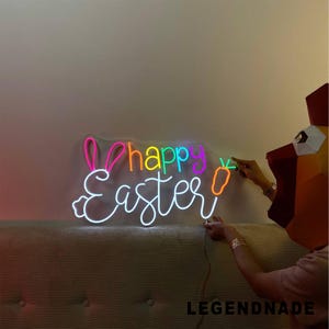 Letrero de neón de Feliz Pascua, letrero LED de decoración de pared de conejo de Pascua, luz LED de regalo de Pascua, decoraciones de Pascua, decoración del hogar de Feliz Pascua
