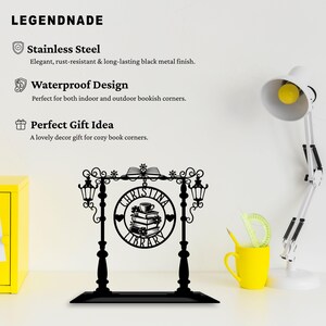 May include: Black metal "Christina Library" sign with a circular design featuring books, a teacup, and the text "Christina Library." The sign has a decorative top with lanterns and is designed for indoor or outdoor use.