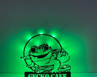 Personalized Gecko Metal Sign with LED Light – Custom Reptile Room Decor – Gecko Metal Wall Art – Animal Wall Decor – Gecko LED Sign