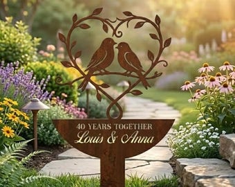 Paar vogels metalen tuinpaal, 40e verjaardag aangepast tuinbord, hart wijnstok werf decor cadeau voor vrouw