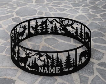 Deer Fire Pit Ring, Custom Metal Fire Ring with Name, Rustic Outdoor Campfire Ring, Camping Fire Pit Decor, Outdoor Fire Ring, Camping Gifts