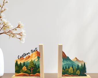 Personalized Mountain Wooden Bookends: Custom Text Book Holder, Forest Landscape Book Lover Gift, Mountain Table Decor