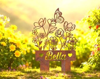 Paletto da giardino personalizzato con fiori arrugginiti, insegna in metallo a forma di farfalla, decorazione floreale da giardino personalizzata, regalo unico per il giardino, decorazione rustica da giardino
