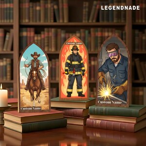 May include: Wooden arched plaques featuring illustrations of a cowboy on horseback, a firefighter, and a welder. Each plaque has the text "Custom Name" at the bottom. The word "LEGENDNADE" is at the top.