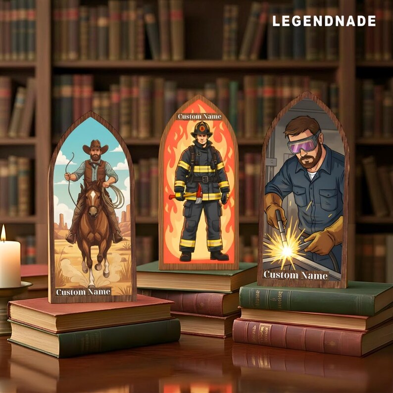May include: Wooden arched plaques featuring illustrations of a cowboy on horseback, a firefighter, and a welder. Each plaque has the text "Custom Name" at the bottom. The word "LEGENDNADE" is at the top.