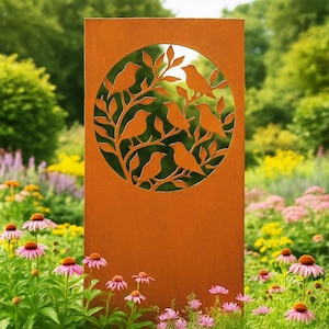 Panneau de jardin en métal avec oiseaux, Paravent rouillé, Séparateur extérieur décoratif, oeuvre d&#39;art moderne pour la terrasse, Décoration de jardin
