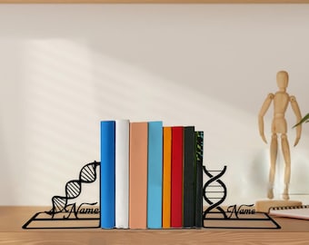 Custom DNA Metal Bookends with Name – Personalized Book Holder for Science Lovers, Shelf Decor, Gift for Researchers & Biologists