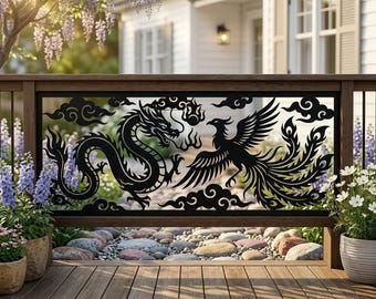 Dragon Phoenix Metal Railings, Privacy Panel Decor, Fantasy Balcony Guard, Garden Screen, Housewarming Gift