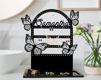 Smyckesställ med fjärilsmotiv, personlig metallskylt för örhängen, halsband och ringar | Anpassad smyckesorganisatör, present till tjejer