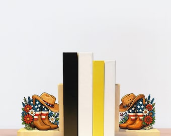 Cowboy Buchstützen, Buchstützen Dekor aus Holz, Rustikaler Bauernhaus Regal Organizer mit Blumen, Geschenk für Buchliebhaber