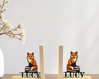 Gepersonaliseerde Fox-boekensteunen, Fox-boekenplankdecor met boeken, aangepaste naam rustiek cadeau voor kinderen, kinderkamer of thuisbibliotheek, tafeldecor
